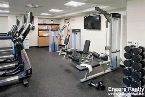 A gym with a variety of equipment including treadmills, weights, and a television.