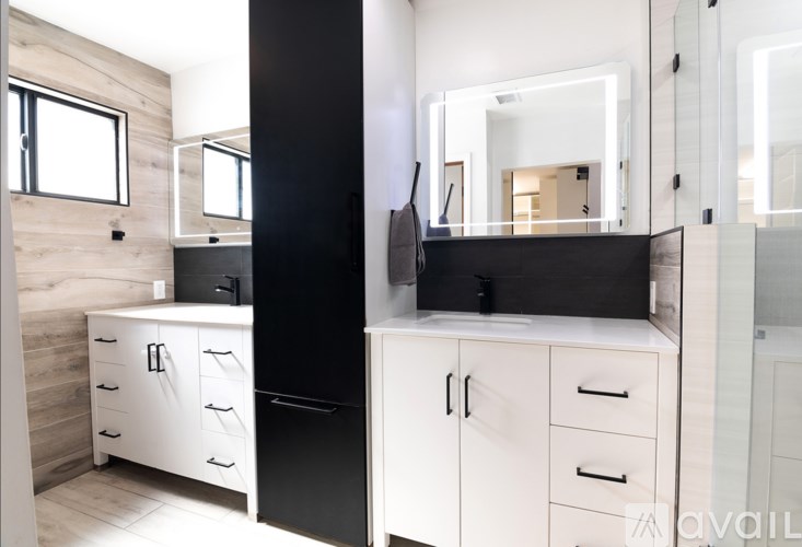 A bathroom with a black and white color scheme.