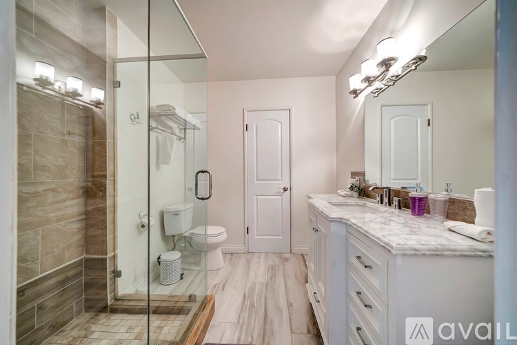 A bathroom with a walk-in shower, toilet, and sink.