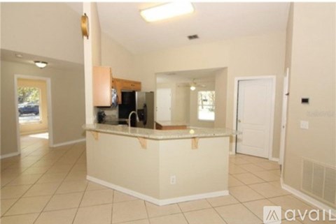 A kitchen area with a counter and cabinets.