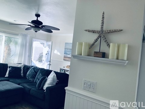 A living room with a black couch and a starfish decoration on the wall.