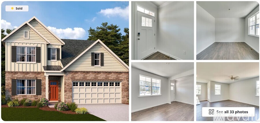 A house with a red door is for sale.
