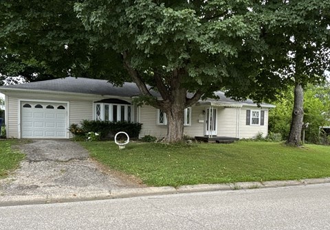 A house with a white fence and a tree in front.