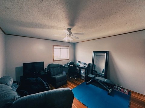 A living room with a blue rug and a television.