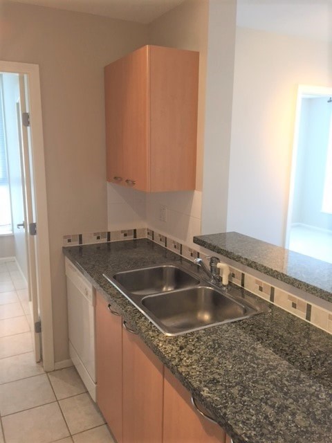 A kitchen with a granite counter top and a sink.