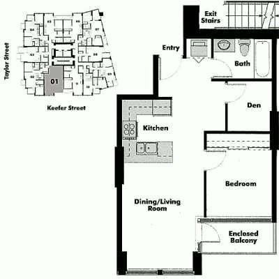 A floor plan of a house with a kitchen, dining/living room, bedroom, and enclosed balcony.