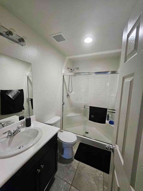 A bathroom with a sink, toilet, and shower.