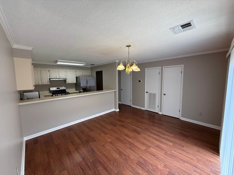 A kitchen area with a counter and cabinets.