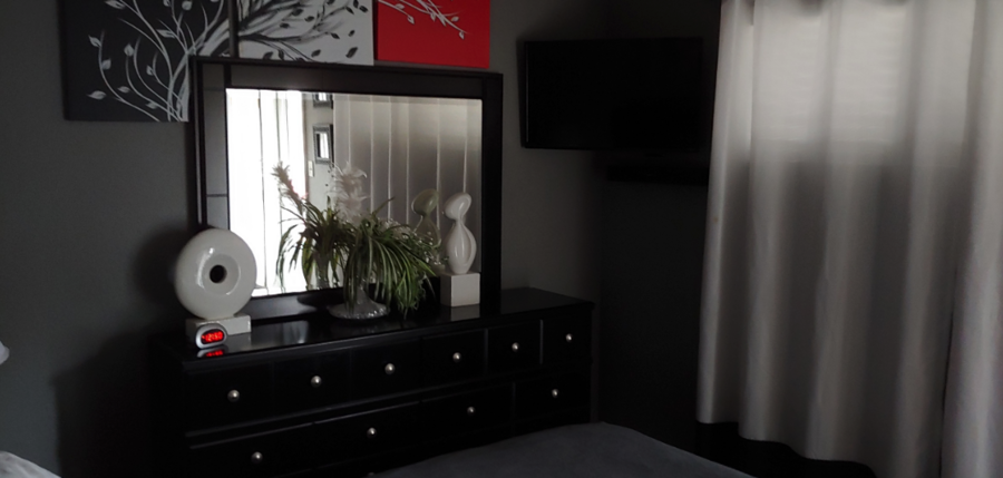 A black dresser with a mirror and a plant on top.