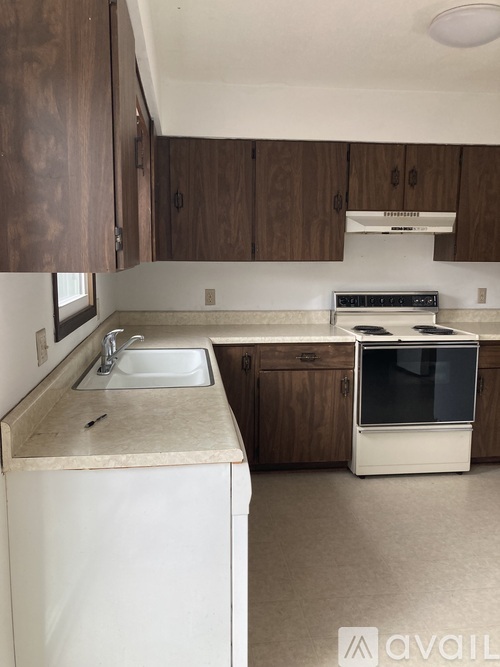 A kitchen with a white dishwasher and brown cabinets.