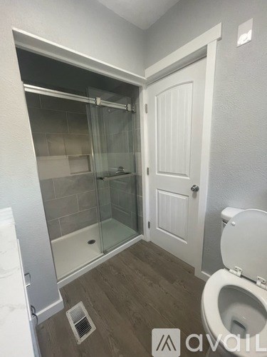 A bathroom with a toilet, a walk-in shower, and a white door.