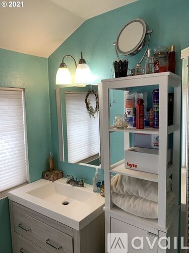 A bathroom with a white sink and a mirror above it.