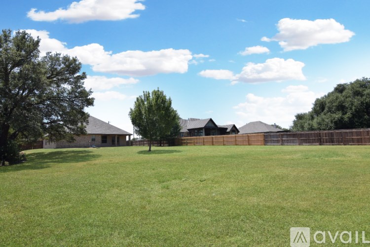 A backyard with a fence and a tree.