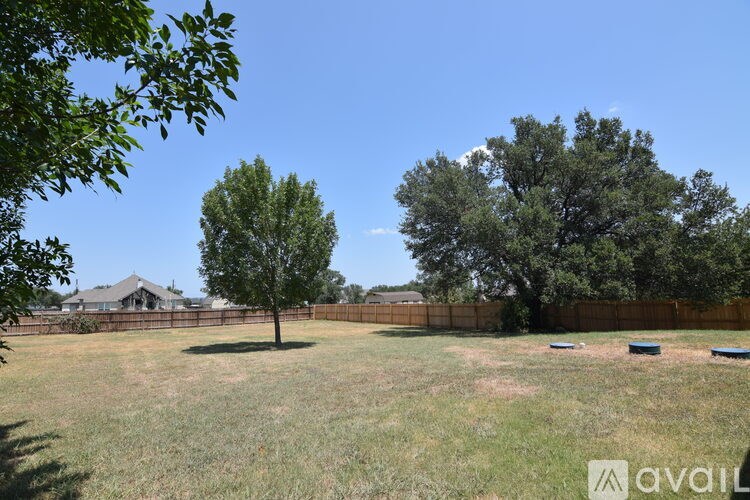 A grassy field with trees and a fence in the background.