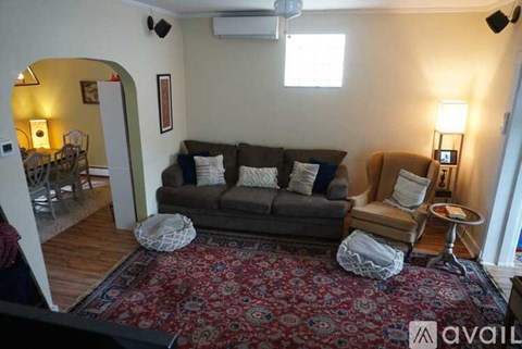 A living room with a grey couch and a red patterned rug.
