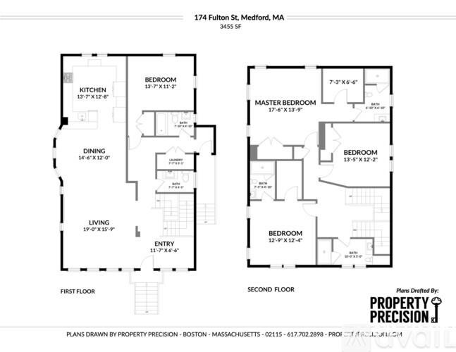 A floor plan for a two-story townhouse with two bedrooms and two bathrooms.