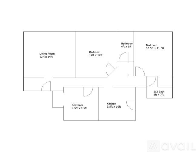 A floor plan of a house with a living room, two bedrooms, a bathroom, and a kitchen.