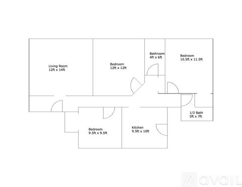 A floor plan of a house with a living room, two bedrooms, a bathroom, and a kitchen.