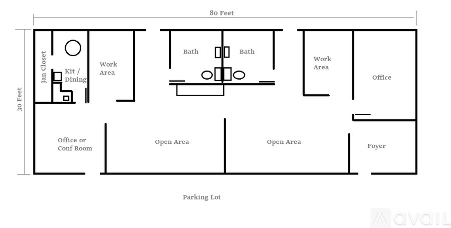 A floor plan of an apartment with a parking lot at the bottom.