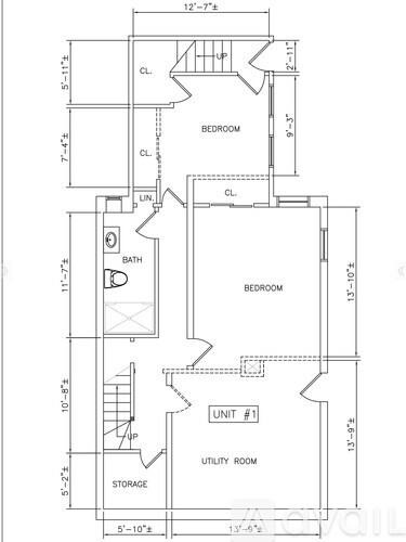 A floor plan of a home with a bedroom, bathroom, utility room, and storage space.