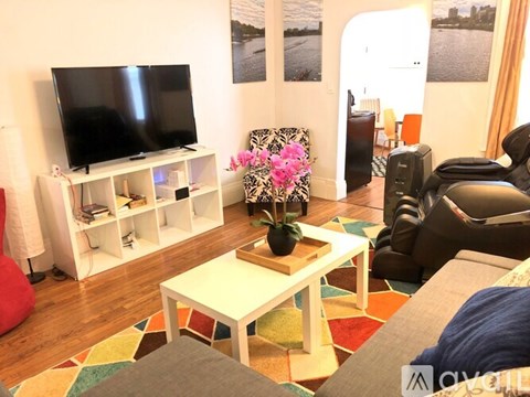 A living room with a white TV stand, a coffee table with a vase of flowers, a chair, and a colorful rug.