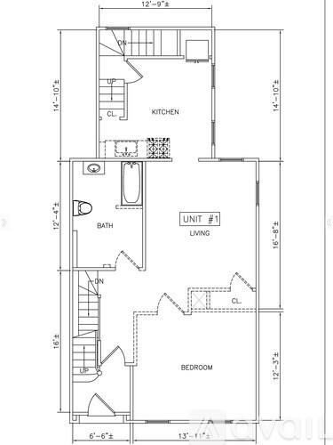 A floor plan of a living space with a kitchen, bathroom, and bedroom.