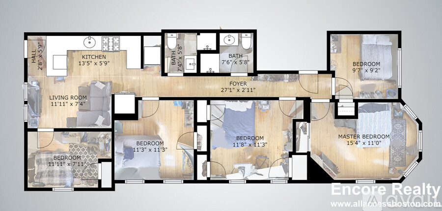 A floor plan of an apartment with a living room, two bedrooms, a bathroom, and a foyer.