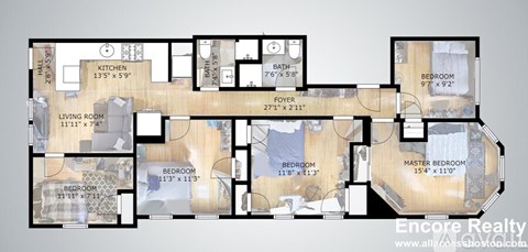 A floor plan of an apartment with a living room, two bedrooms, a bathroom, and a foyer.