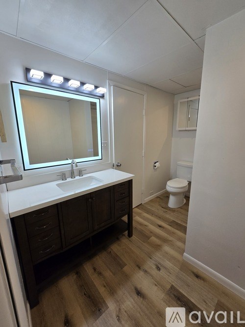 A bathroom with a white countertop and a wooden floor.