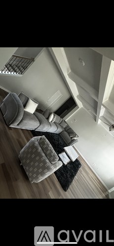 A living room with a grey couch and a black rug.