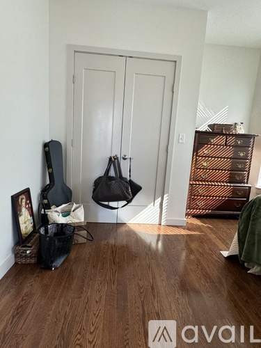 A room with a guitar, a bag, and a cabinet.