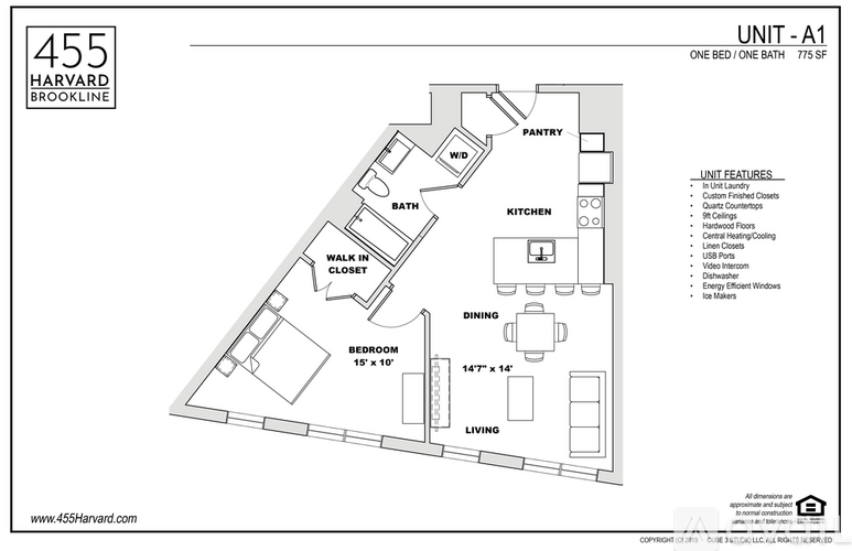 A drawing of a floor plan for a unit at 455 Harvard Brookline shows a one bedroom, one bath apartment with a kitchen, dining area, and living room.