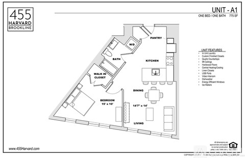 A drawing of a floor plan for a unit at 455 Harvard Brookline shows a one bedroom, one bath apartment with a kitchen, dining area, and living room.