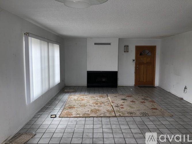 A room with a rug on the floor and a door on the right side.