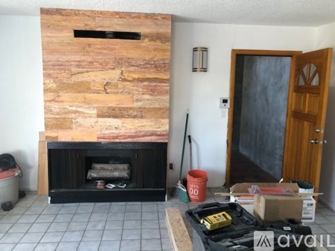 A room with a fireplace and a door.