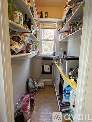 A kitchen pantry with white shelves and a window.