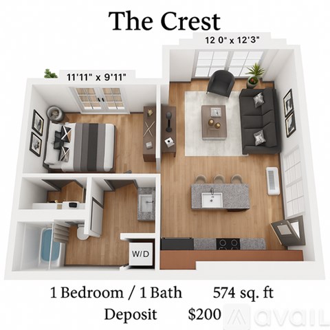 A 574 sq. ft. one bedroom/one bathroom apartment at The Crest.