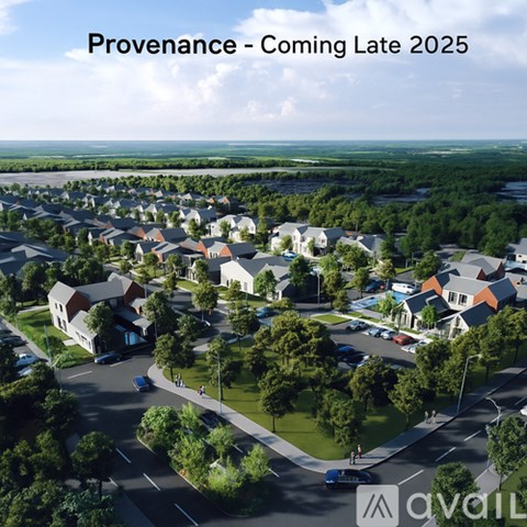 A bird's eye view of a residential area with the text "Provenance - Coming Late 2025" and the logo "avaiL".