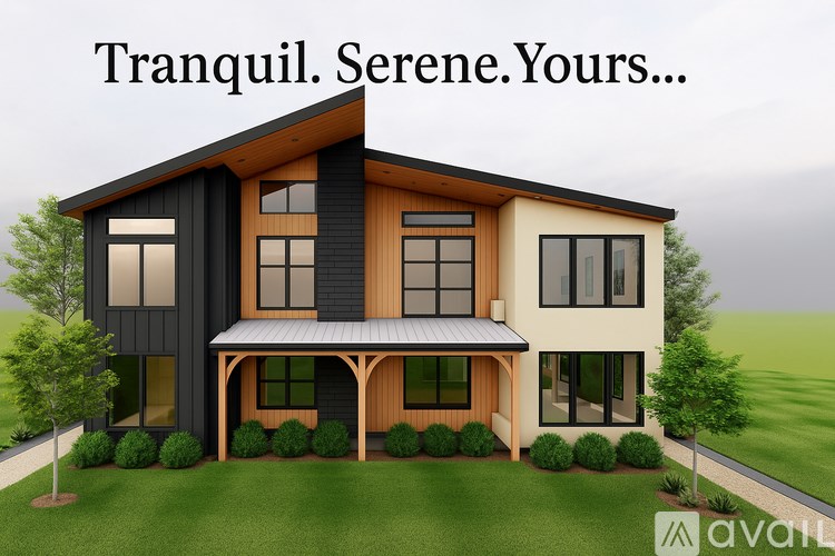 A modern house with the text "Tranquil. Serene. Yours..." above it.