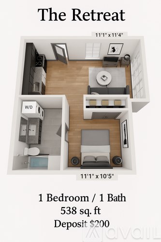 A floor plan for a small apartment with a bedroom and bathroom.