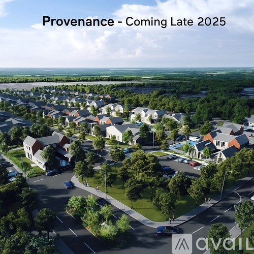 A bird's eye view of a residential area with the text "Provenance - Coming Late 2025" and the logo "avaiL".