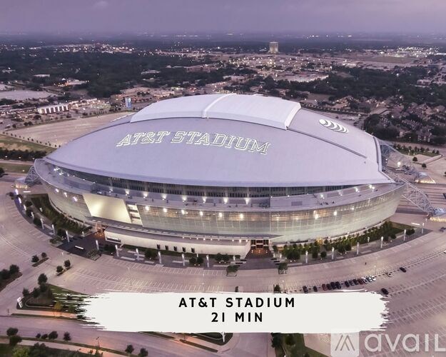 An aerial view of the AT&T Stadium with the stadium name displayed on the facade.