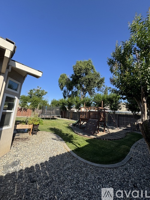 A backyard with a gravel path leading to a wooden swing set.