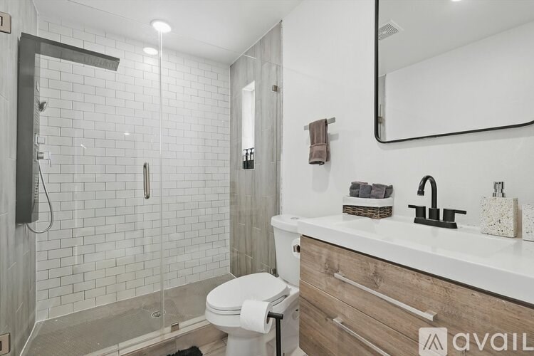 A bathroom with a white toilet, a sink, and a walk-in shower.