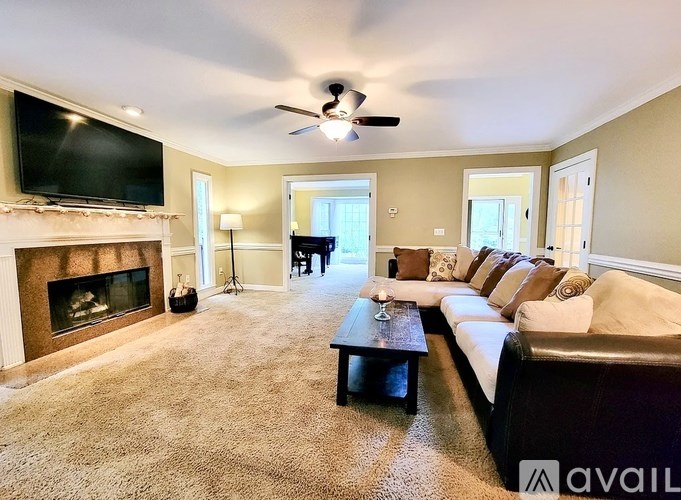 A living room with a fireplace and a television.