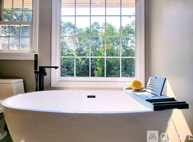 A white bathtub sits in front of a window with a view of trees outside.