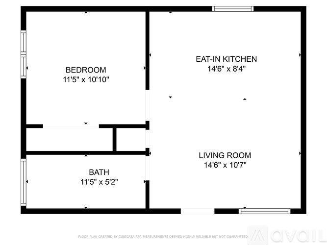 A floor plan for a home with a bedroom, bath, eat-in kitchen, and living room.