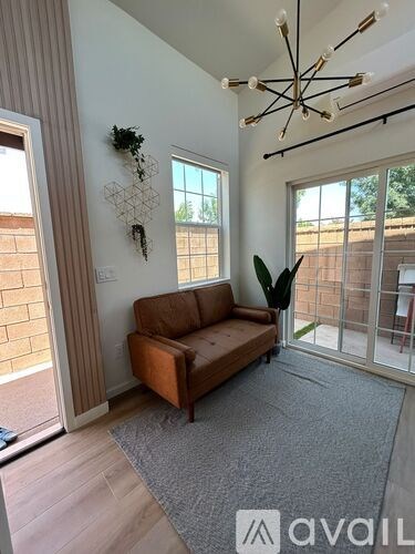 A living room with a brown couch and a hanging plant.