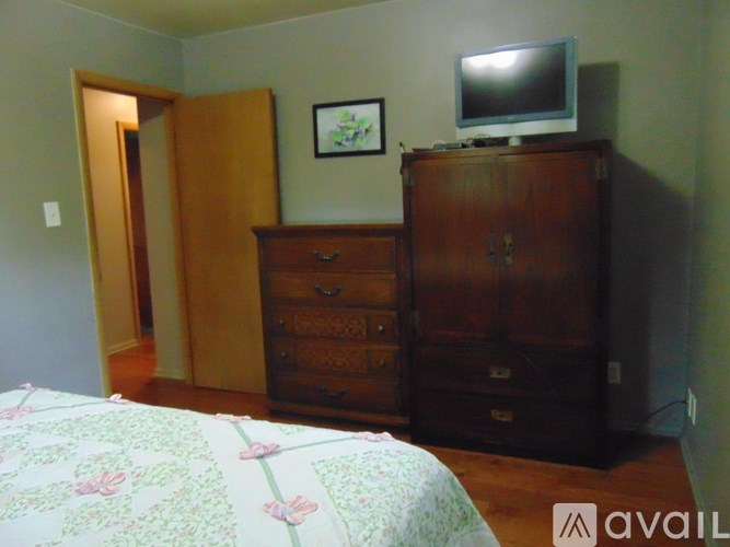 A bedroom with a bed, dresser, and television.