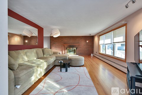 A living room with a tan couch and a red rug.